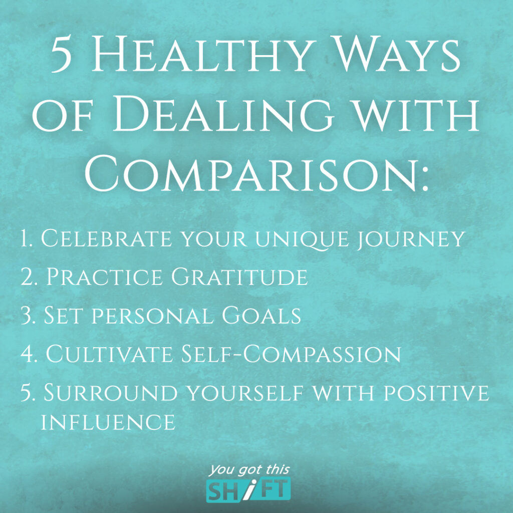 5 Healthy Ways of Dealing with Compassion: 1. Celebrate your unique journey 2. Practice gratitude 3. Set personal goals 4. Cultivate self-compassion 5. Surround yourself with positive influence. You Got This Shift.